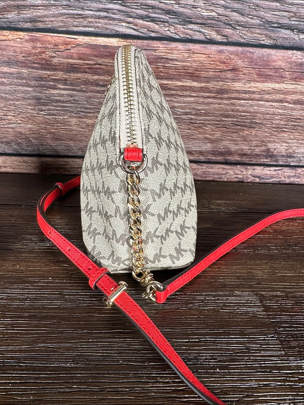 Michael Kors Cindy Beige MK Monogram Crossbody with Bright Red Strap